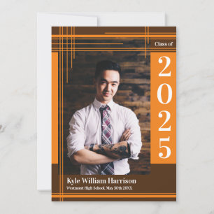 Orange Brown School Colour Graduation Photo Plaid Invitation