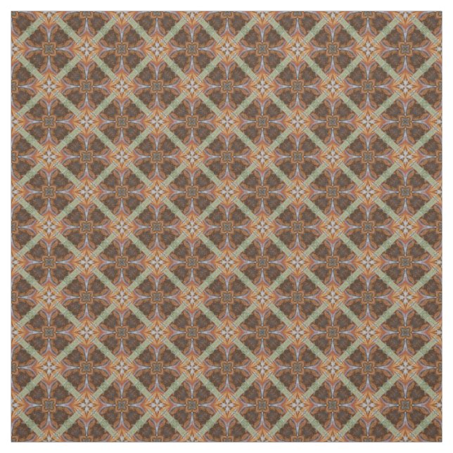 Orange Brown Scrolled Circles Tiled Green Pattern Fabric (Swatch)