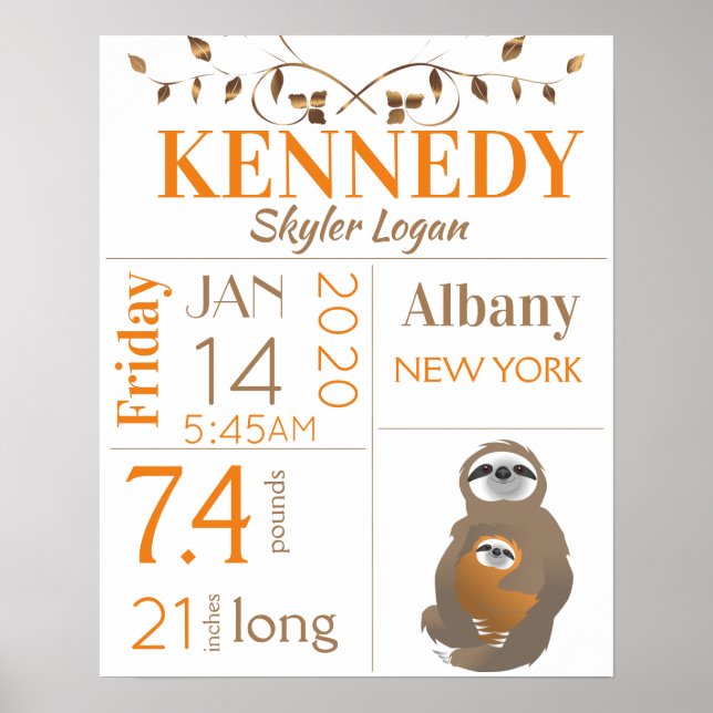 Orange & Brown Sloth Baby Birth Stats Poster (Front)