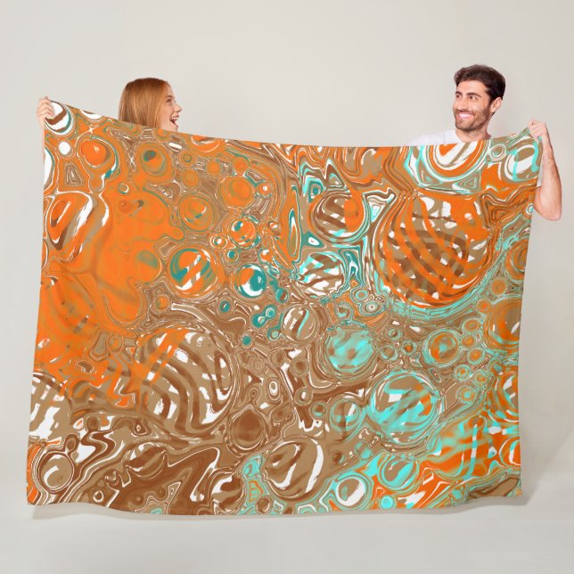 Orange, Brown, Teal and Turquoise Abstract Art Fleece Blanket (In Situ)