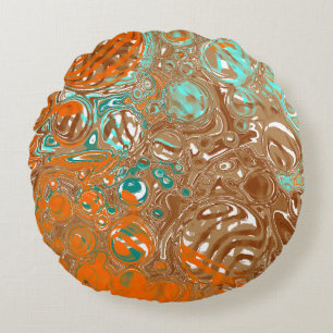 Orange, Brown, Teal and Turquoise Abstract Art     Round Cushion