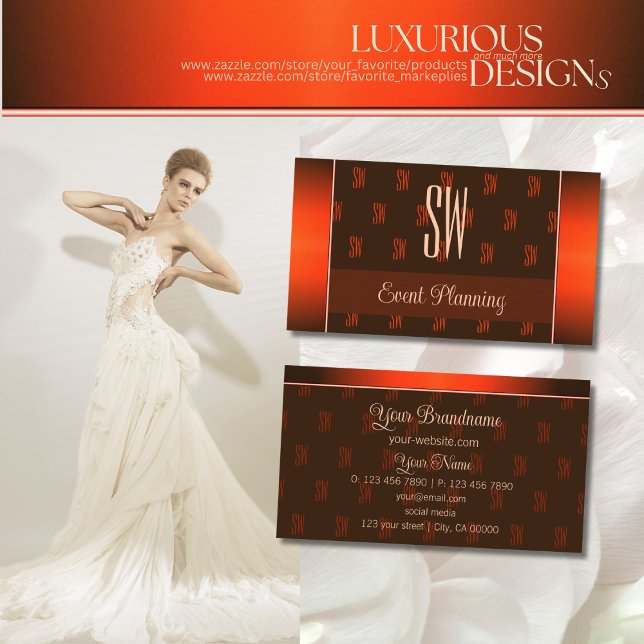 Orange Brown with Monogram Pattern Professional Business Card (Creator Uploaded)
