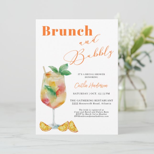  Orange Brunch and Bubbly Champagne Bridal Shower Invitation (Standing Front)