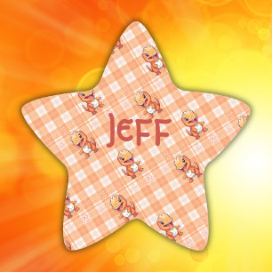 Orange Buffalo Check with Dinosaurs and Monogram   Star Sticker