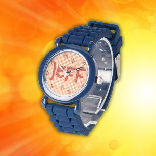 Orange Buffalo Check with Dinosaurs and Monogram   Watch