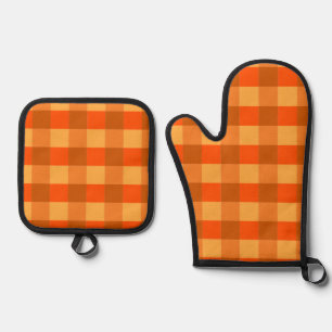 Orange Buffalo Plaid Gingham Chequered Oven Mitt & Pot Holder Set