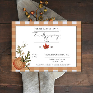 Orange Buffalo Plaid Pumpkin Thanksgiving Dinner Invitation