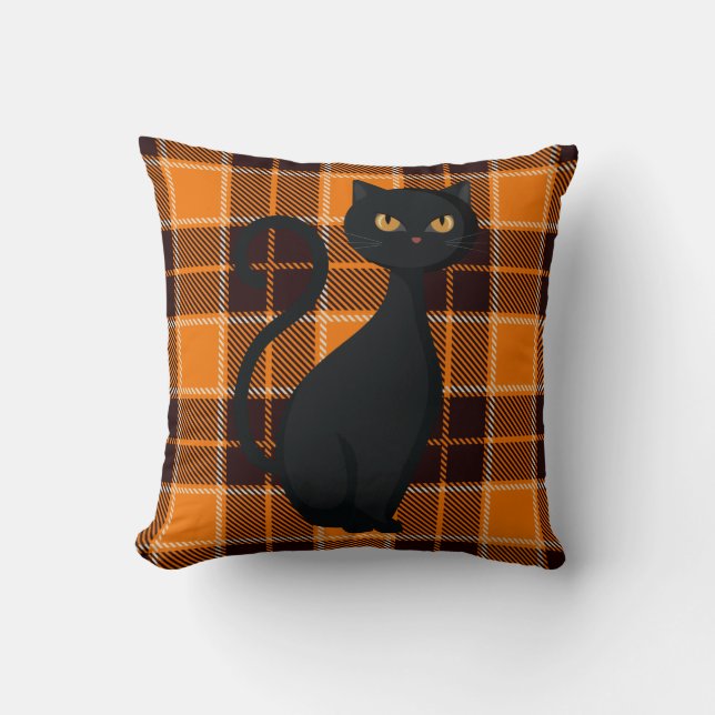 Orange Buffalo Plaid Spooky Black Cat Halloween Cushion (Front)