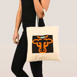 Orange Bull Head Minimalist Cow Tote Bag