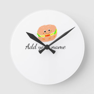 Orange burger watercolor add name text food fries round clock