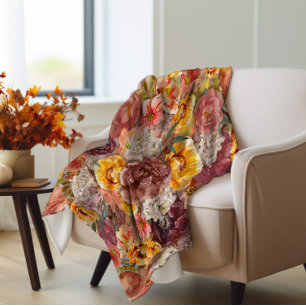 Orange Burgundy Autumn Fall Watercolor Floral   Fleece Blanket