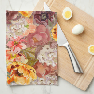 Orange Burgundy Autumn Fall Watercolor Floral Tea Towel