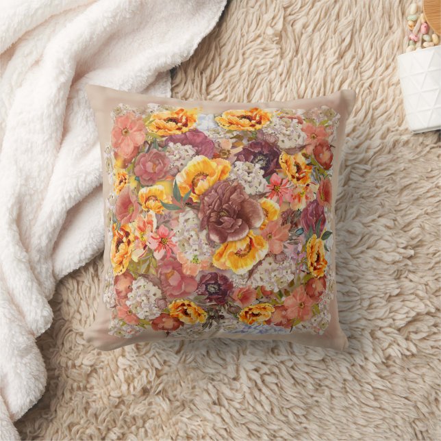 Orange Burgundy Cream Floral Khaki Fall Autumn  Cushion (Blanket)