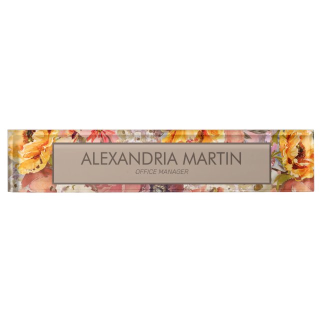 Orange Burgundy Cream Watercolor Floral Business  Nameplate (Front)