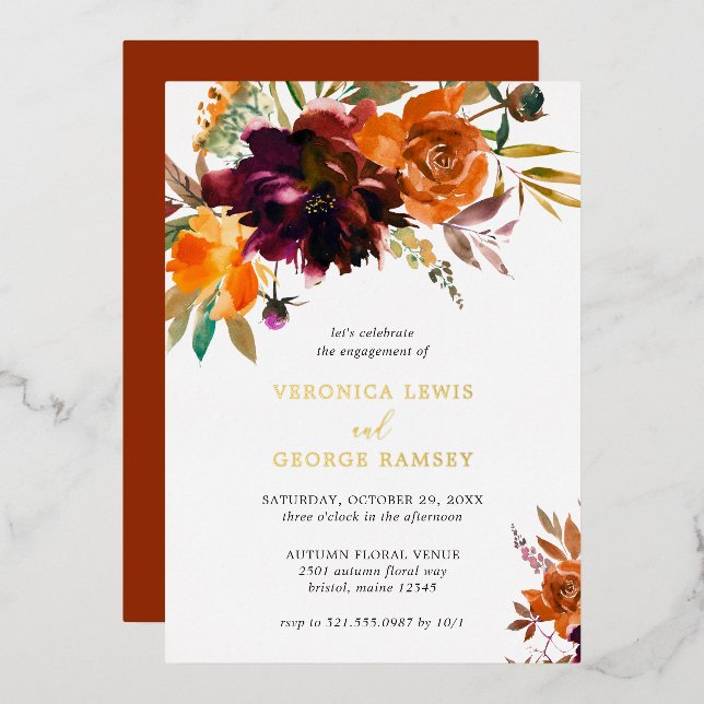 Orange Burgundy Fall Floral Engagement Party Gold (Front/Back)