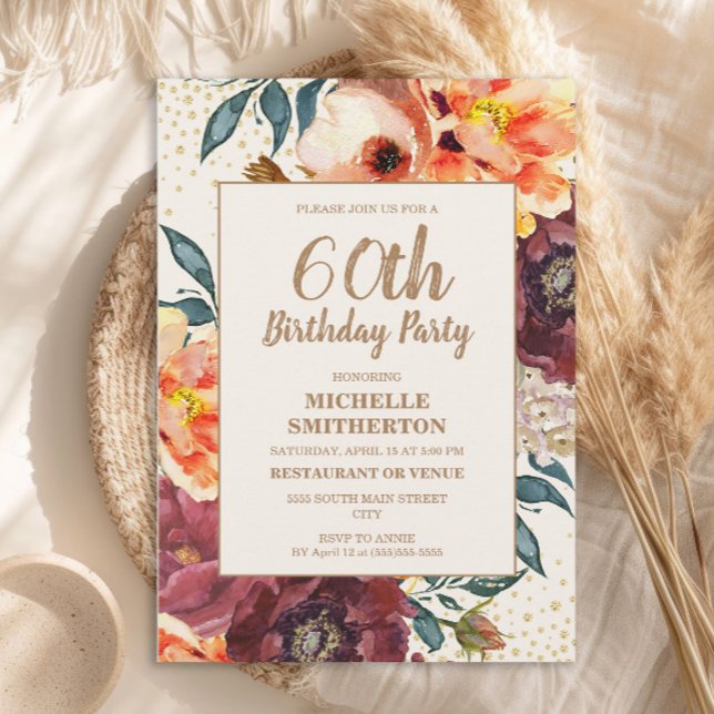 Orange Burgundy Fall Floral Gold Glitter 60th Invitation (Orange and burgundy watercolor floral 60th birthday party invitation)