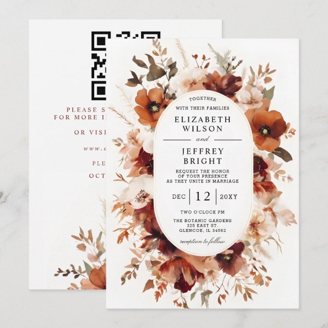 Orange Burgundy Fall Floral QR Code Wedding Invitation (Front/Back)