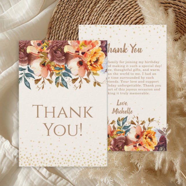 Orange Burgundy Floral Birthday Thank You (Orange and burgundy floral birthday party "Thank you" card )