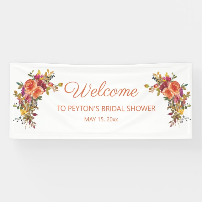 Orange Burgundy Floral Bridal Shower Welcome Banner (Horizontal)