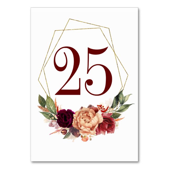 Orange Burgundy Floral Fall Wedding Table Number (Front)