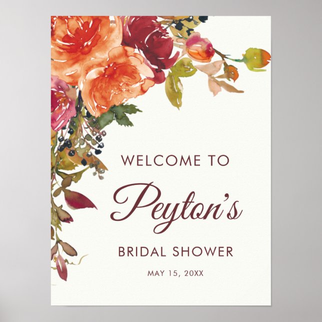 Orange Burgundy Floral Fall Winter Bridal Shower Poster (Front)
