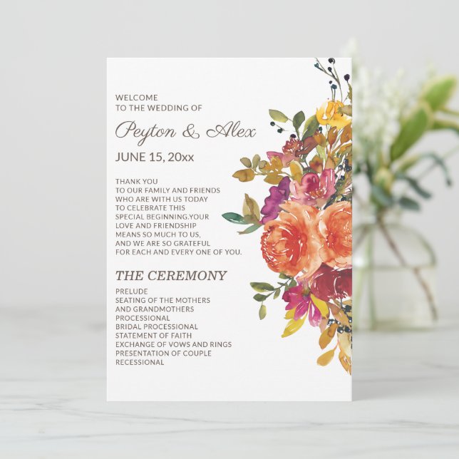 Orange Burgundy Floral Wedding Program Bridal  Programme (Standing Front)