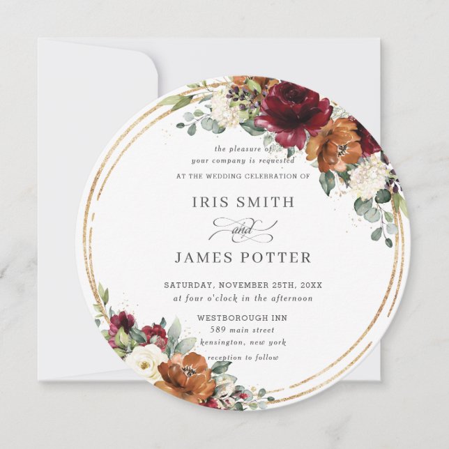 Orange Burgundy Ivory Floral Gold Greenery Wedding Invitation (Front)