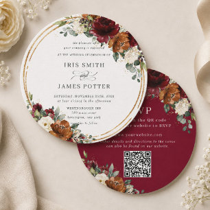 Orange Burgundy Ivory Floral Greenery QR Wedding Invitation