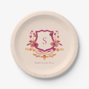 Orange Burgundy Monogram Fall Thanksgiving paper Paper Plate
