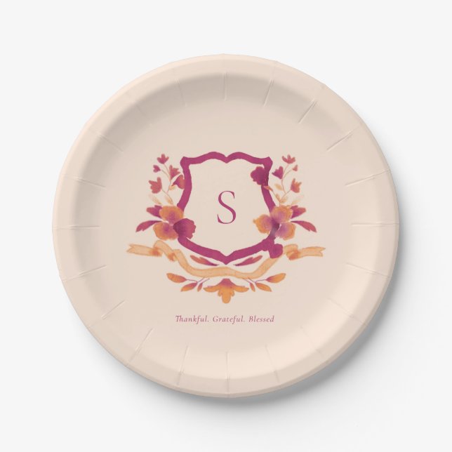Orange Burgundy Monogram Fall Thanksgiving paper Paper Plate (Front)