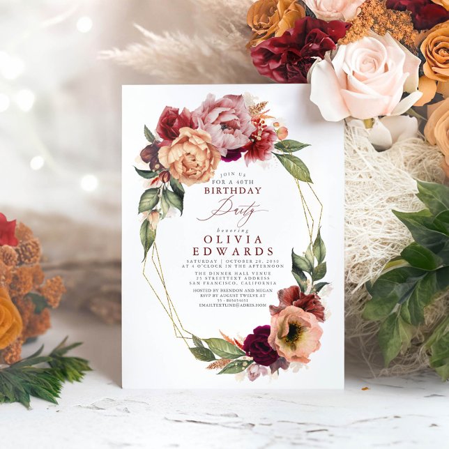 Orange Burgundy Red Floral Fall Birthday Party Invitation (Earthy Floral Birthday Invitations)