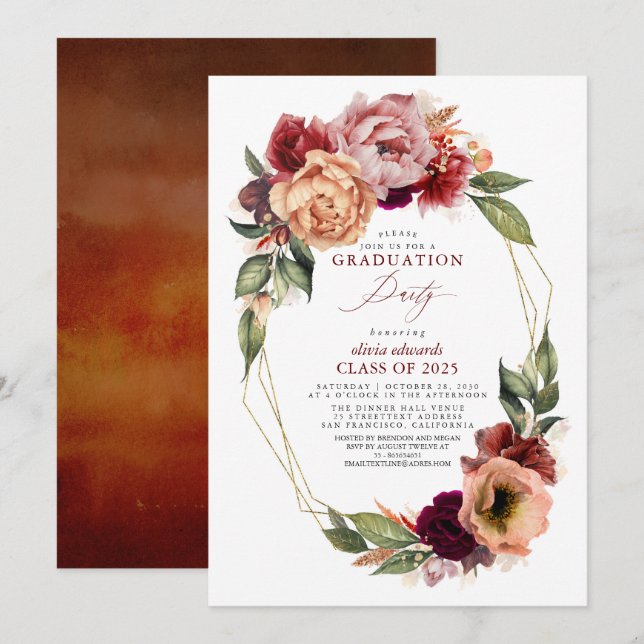 Orange Burgundy Red Floral Fall Graduation Party Invitation (Front/Back)