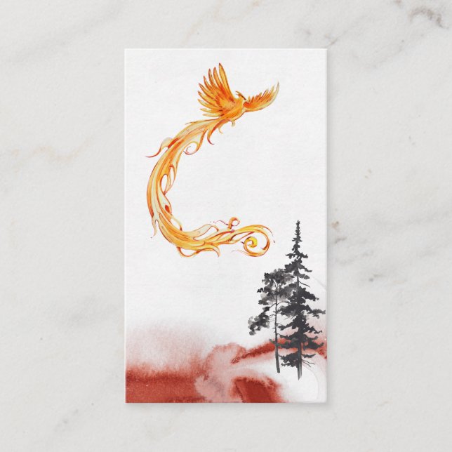 *~* Orange Burgundy Red Phoenix Rising Pine Trees Business Card (Front)