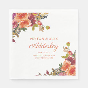Orange Burgundy Rust Watercolor Floral Wedding Napkin