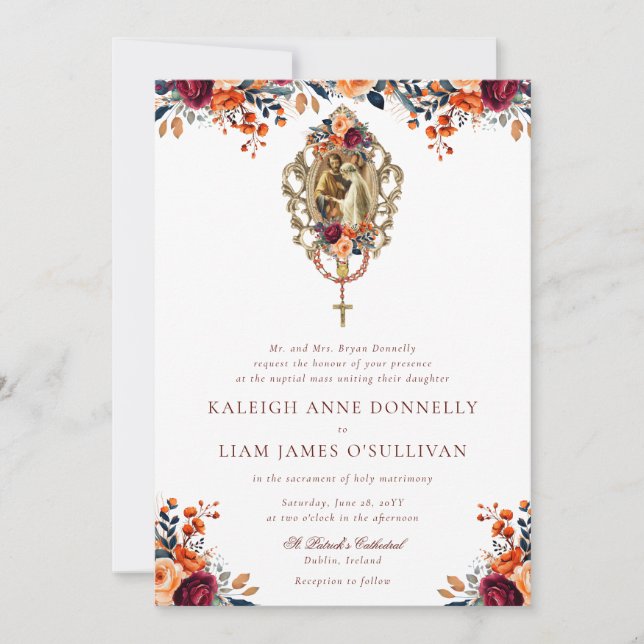 Orange Burgundy Rustic Floral Catholic Wedding Invitation (Front)