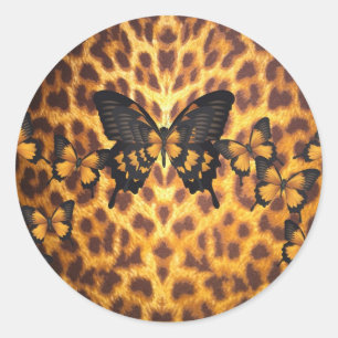 ORANGE BUTTERFLIES ON LEOPARD PRINT CLASSIC ROUND STICKER