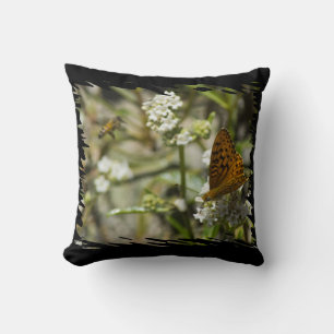Orange Butterfly and Bee Black Edge Cushion