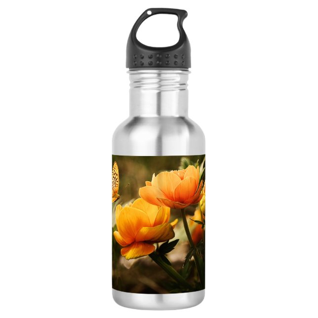Orange Butterfly and Flowers 532 Ml Water Bottle (Front)