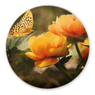 Orange Butterfly and Flowers Ceramic Knob