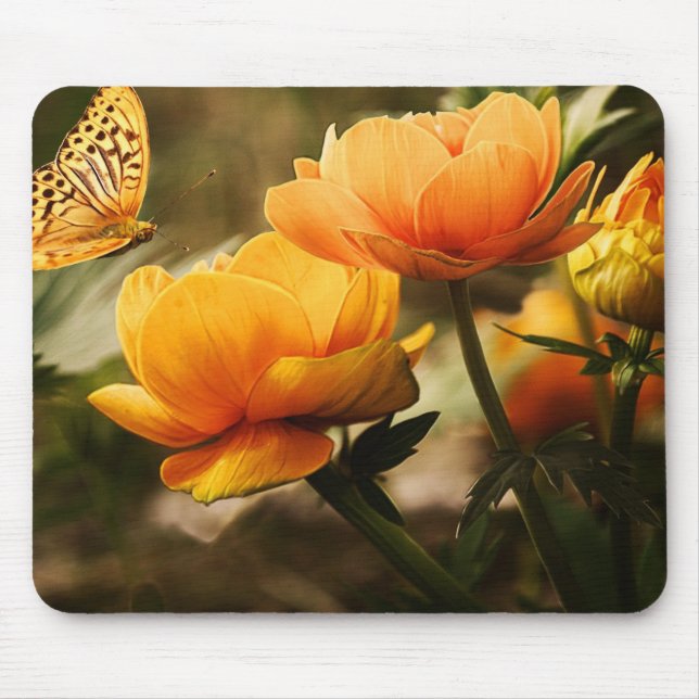 Orange Butterfly and Flowers Mouse Mat (Front)