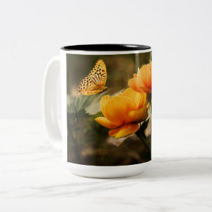 Orange Butterfly and Flowers Two-Tone Coffee Mug