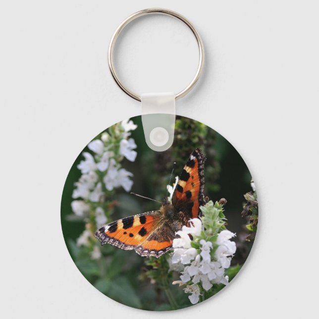 Orange Butterfly and White Blossoms Key Ring (Front)