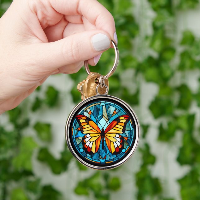 Orange Butterfly Blue Stained Glass Key Ring (Hand)