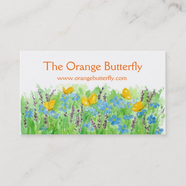 Orange Butterfly Business Card Blue Wildflower Art (Front)