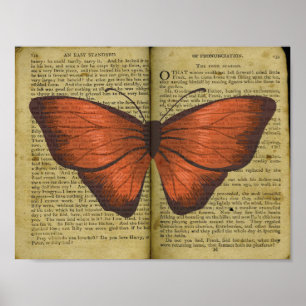 Orange Butterfly Drawing on Old Book Page Poster