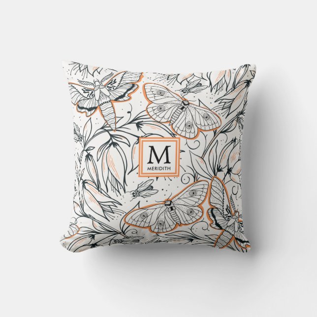 Orange Butterfly Floral Monogrammed Cushion (Front)