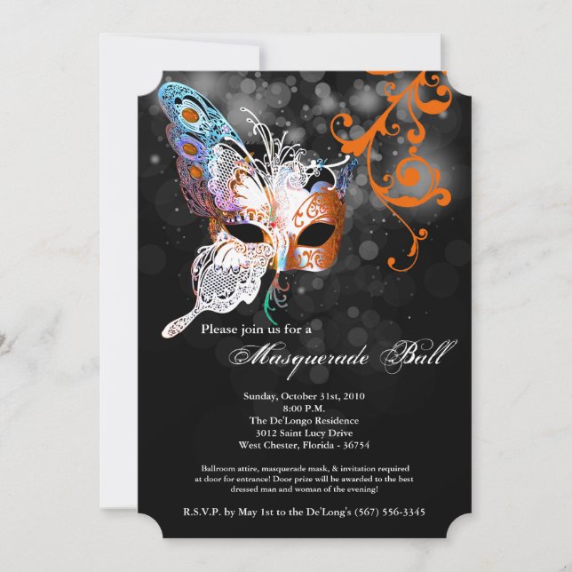 Orange Butterfly Masquerade Mask Costume Halloween Invitation (Front)