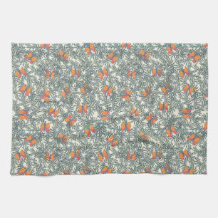 Orange butterfly on greenery nature pattern tea towel