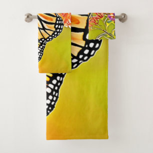 Orange Butterfly on Pink Blossom Design Bath Towel Set
