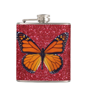 Orange Butterfly On Red Glitter Flask